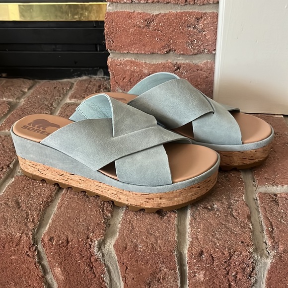 🩵Like New SOREL Cameron Flatform Mule Wedge Suede Sandals 8 - Picture 6 of 11
